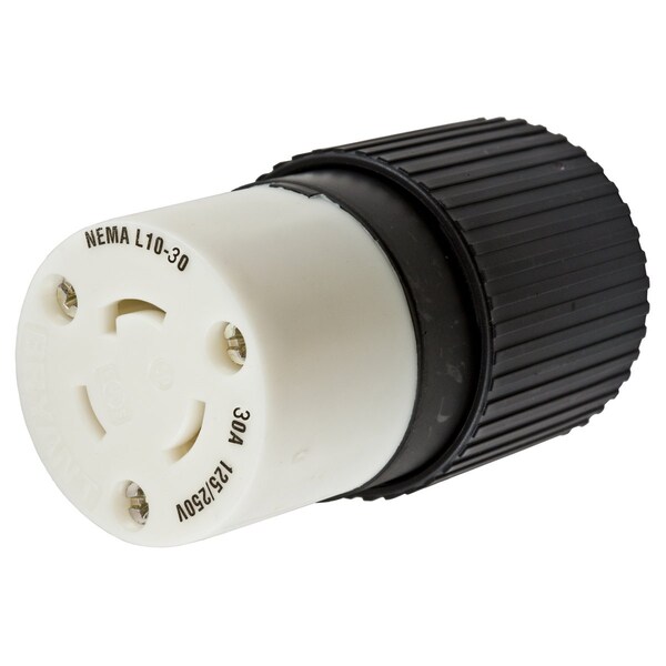 Locking Connector, L10-30R, 30 A, 125/250V AC, Single Phase, 3 Pole, Screw Terminals, Black, White